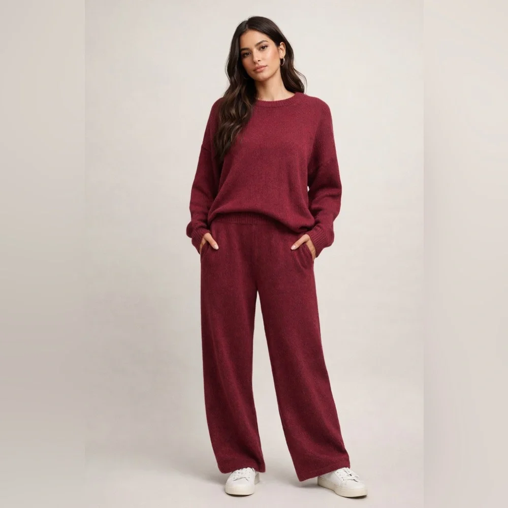 State of Day Maraschino Heather Knit Sweater Pants Lounge Set M NWT